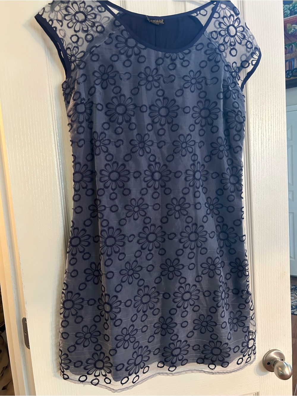 Floral Mesh Overlay Navy Blue Shift Tunic/Dress